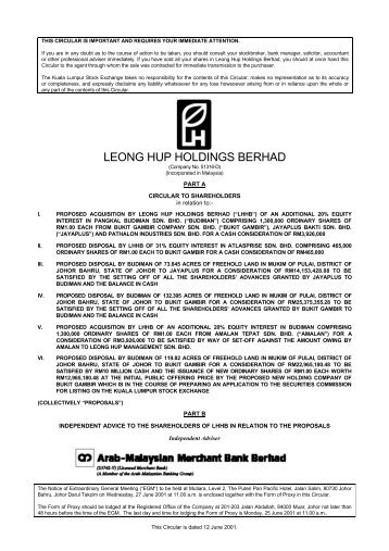 LEONG HUP HOLDINGS BERHAD - Announcements