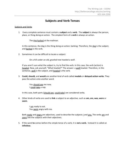 Subjects and Verbs - Bellevue College