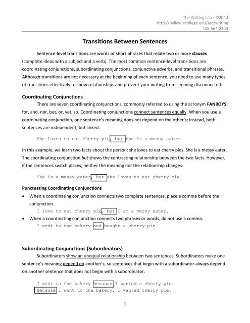 Transitions Between Sentences - Bellevue College