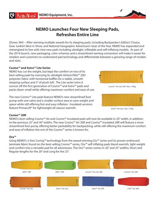 NEMO Launches Four New Sleeping Pads, Refreshes ... - GoExpo