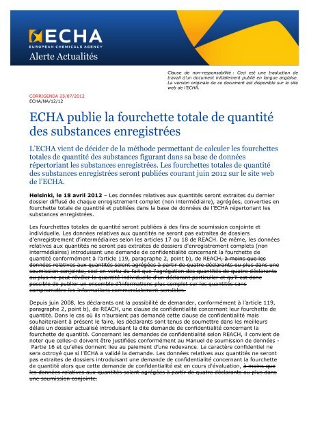 ECHA publie la fourchette totale de quantité des ... - ECHA - Europa
