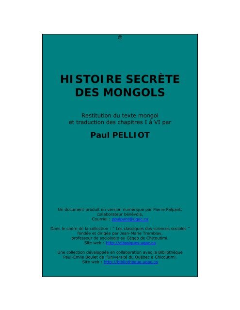 Histoire secrte des Mongols - Les Classiques des sciences sociales ...