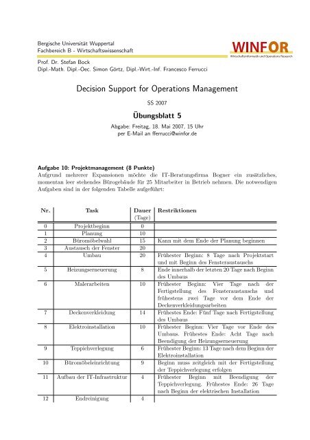 Decision Support for Operations Management - WINFOR ...