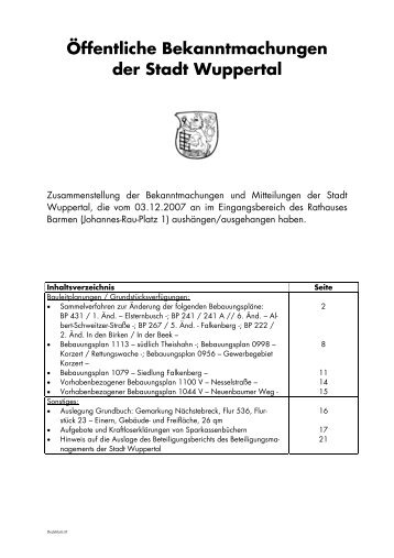 Bekanntmachungen vom 03.12.2007 - Stadt Wuppertal