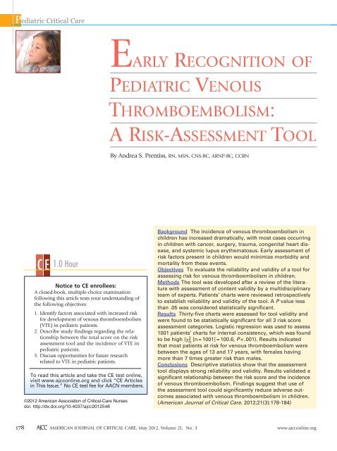 Early Recognition of Pediatric Venous Thromboembolism: A Risk ...