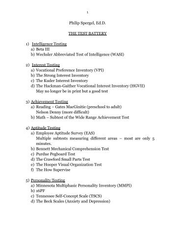 Philip Spergel, Ed.D. THE TEST BATTERY 1) Intelligence Testing a ...