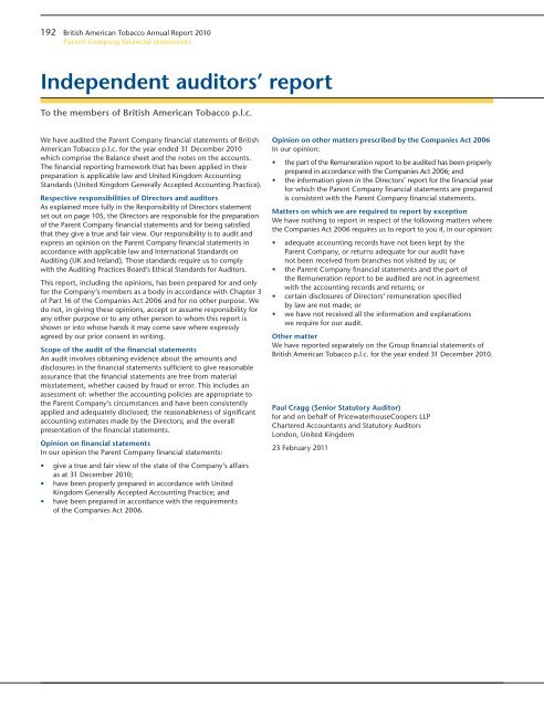 british american tobacco financial statements Independent auditors' report