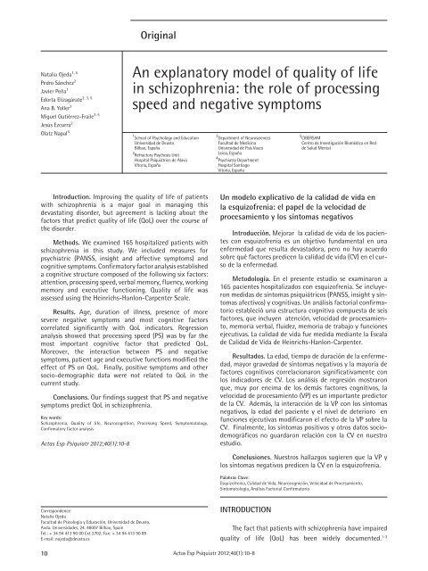 An explanatory model of quality of life in schizophrenia - Actas ...