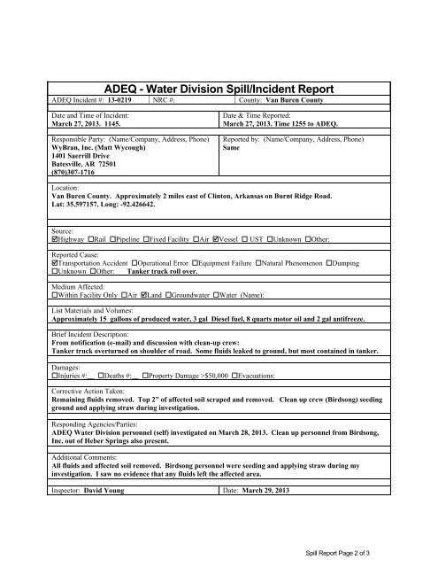 ER Log# 13-0219_spill_20130327.pdf - Arkansas Department of ...