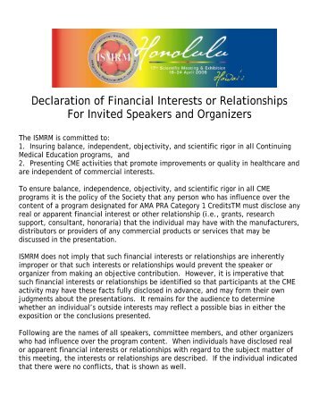Declaration of Financial Interest and Relationships for Invited - ISMRM