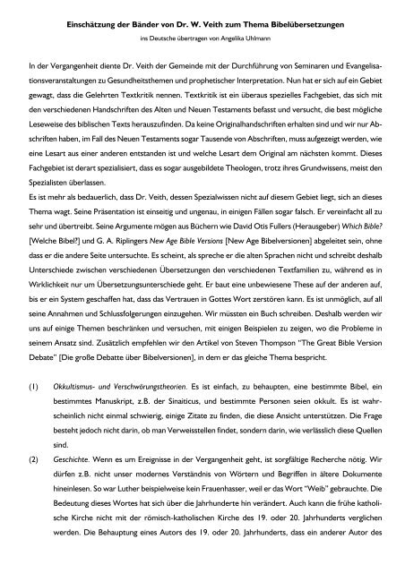 Einschätzung des Vortrags von Dr. W. Veith zum Thema ...