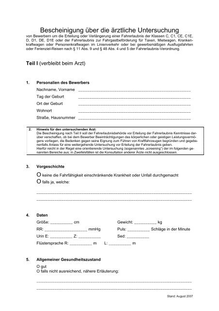 ärztliche Untersuchung Ausbildung über 18 Formular
