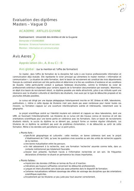 Evaluation des masters de l'Université des Antilles et de la ... - aeres