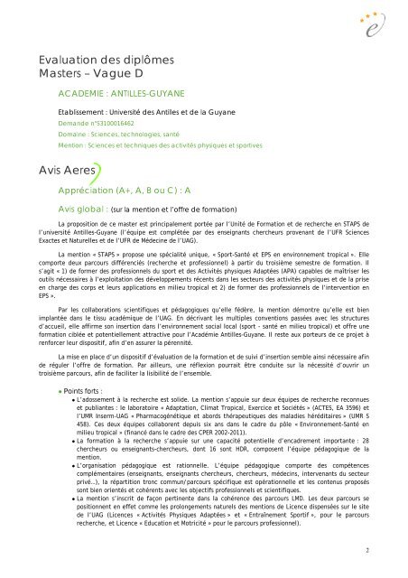 Evaluation des masters de l'Université des Antilles et de la ... - aeres