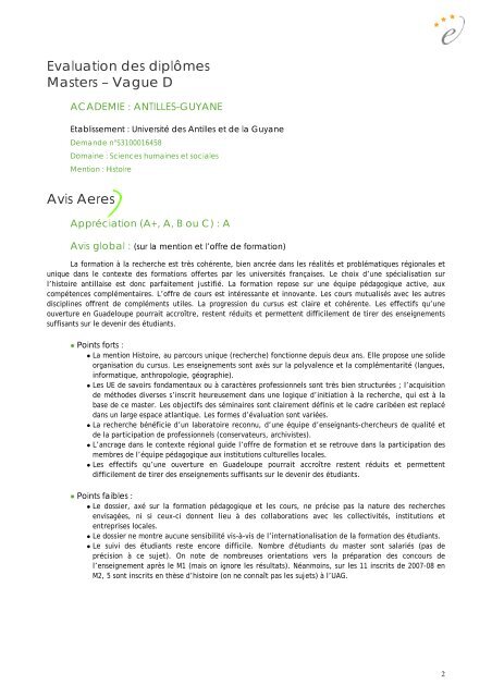 Evaluation des masters de l'Université des Antilles et de la ... - aeres