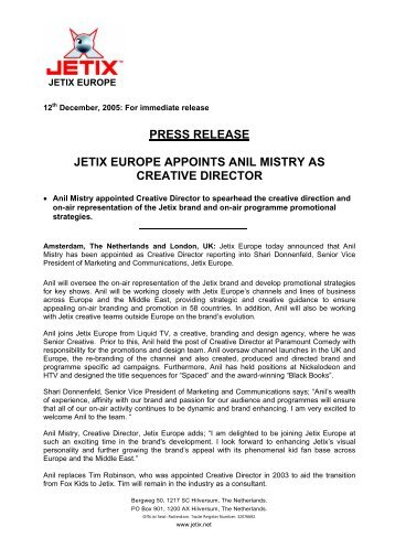 press release jetix europe appoints anil mistry as creative ... - AFM
