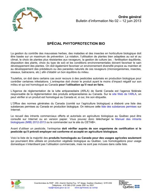 Bulletin d'information No 02 – 12 juin 2013 - Agri-Réseau
