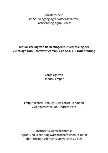 Masterarbeit im Studiengang Agrarwissenschaften, Fachrichtung ...