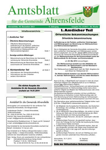 I. Amtlicher Teil - Gemeinde Ahrensfelde