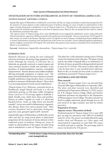 investigation of in vitro anthelmintic activity of thespesia lampas