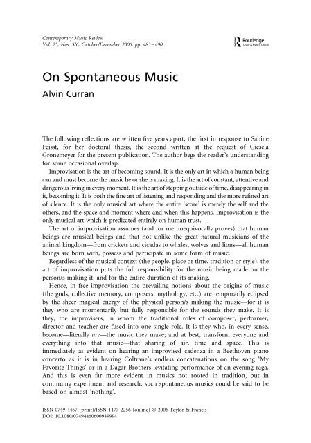 Alvin Curran, "On Spontaneous Music" - University at Albany