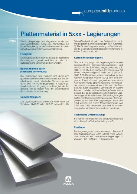 Plattenmaterial in 5xxx - Legierungen - Alcoa