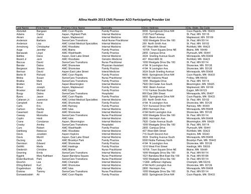 Allina Health Medicare Pioneer ACO participating providers