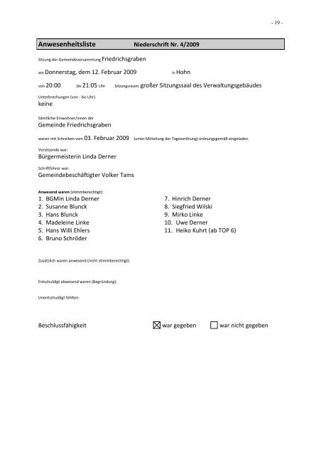 Anwesenheitsliste - Amt Hohner Harde