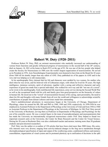 Robert W. Doty (1920–2011) - Acta Neurobiologiae Experimentalis