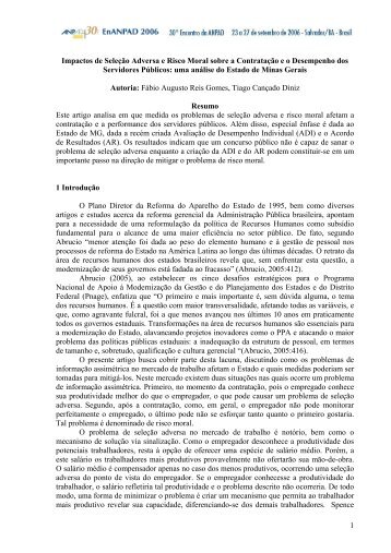 1 Impactos de Seleção Adversa e Risco Moral sobre a ... - Anpad