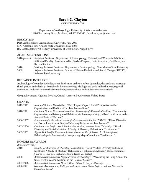 Sarah Clayton CV - Department of Anthropology - University of ...