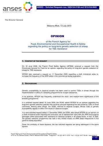 Opinion of the French Agency for Food, Environmental and ... - Anses