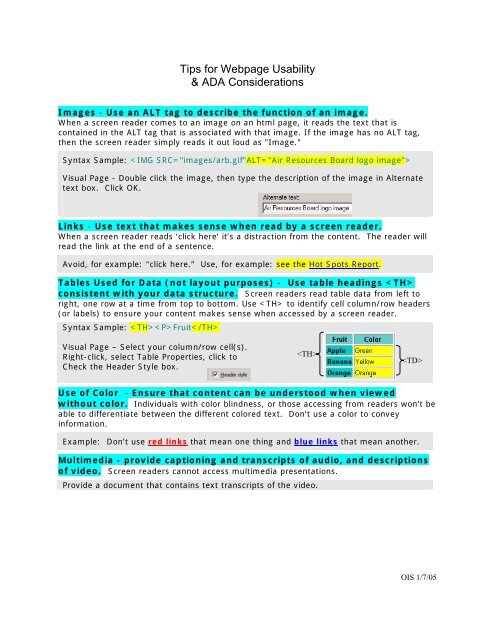 Arb S Tips For Web Page Usability And Ada Considerations