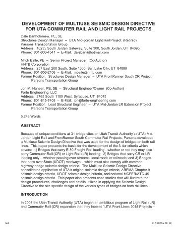 Development of Multiuse Seismic Design Directive for UTA ... - AREMA