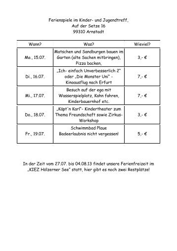 Ferienspiele im Kinder- und Jugendtreff, Auf der ... - Stadt Arnstadt