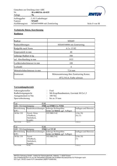 Gutachten zur Erteilung einer ABE Nr. : RA-000316-A0-035 ... - artec