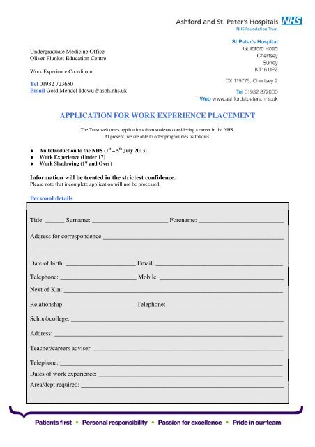 Work Experience Application Form.pdf - Ashford and St. Peter's ...