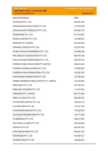Commonwealth of Australia ASIC Gazette 99/08 dated 12 December ...