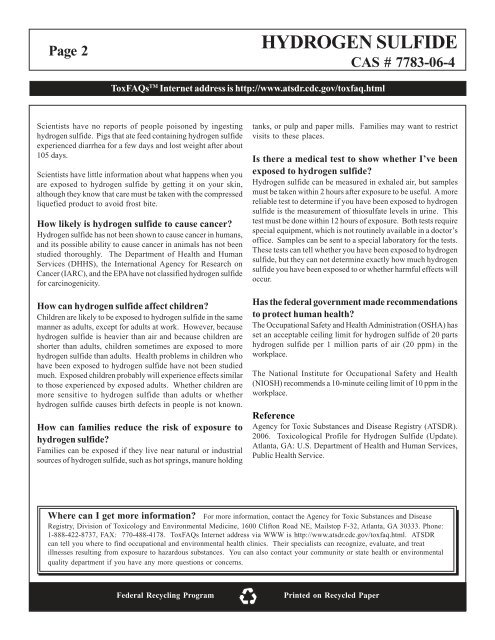 Hydrogen Sulfide ToxFAQ - ATSDR