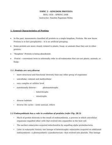 TOPIC 2 – KINGDOM PROTISTA BIOL 1030 – SPRING 2008 ...