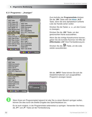 50 6. Allgemeine Bedienung Zum Aufrufen der ... - AustriaSat