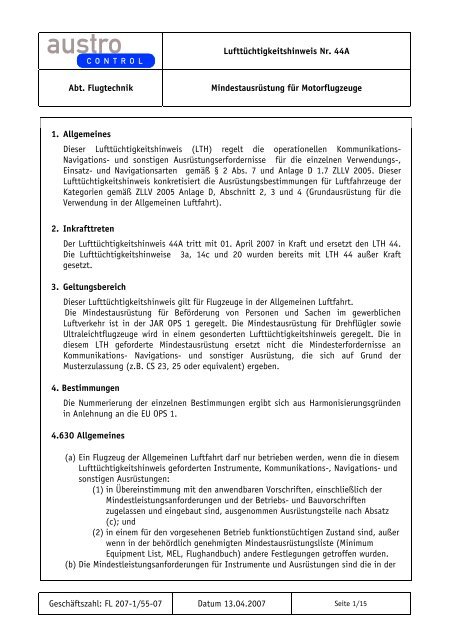 Mindestausrüstung für Motorflugzeuge - Austro Control