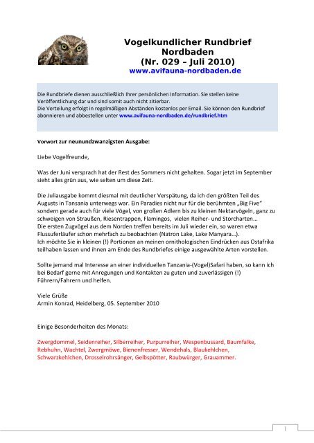 Vogelkundlicher Rundbrief Nordbaden (Nr - Avifauna Nordbaden