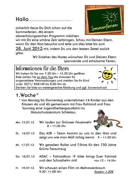 Sommerferien Zettel