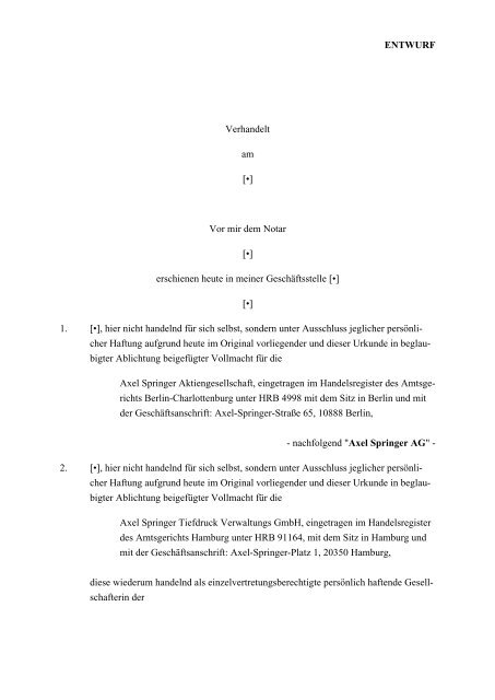 und Übernahmevertrag Axel Springer Tiefdruck Axel Springer AG