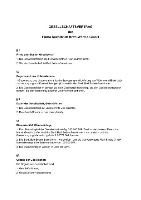 Gesellschaftsvertrag der Kraft- und Wärme GmbH - Stadt Bad Soden ...