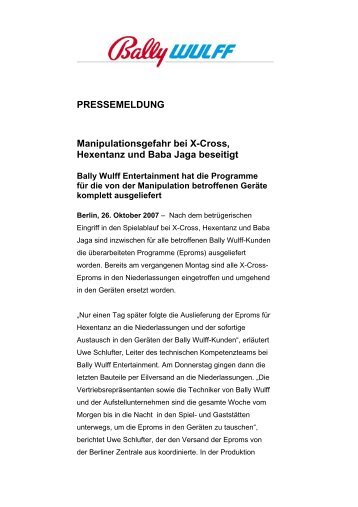 Pressetext herunterladen als .pdf - Bally Wulff Entertainment GmbH