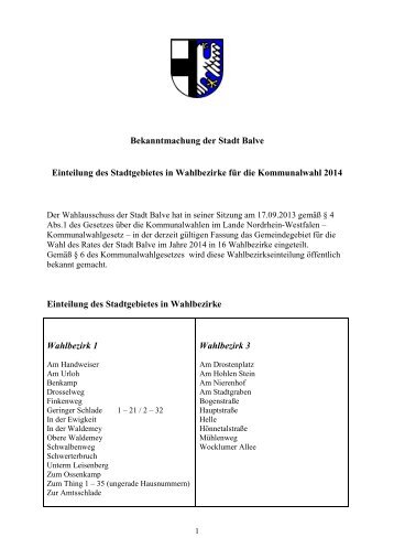 Einteilung des Stadtgbietes in Wahlbezirke - Balve