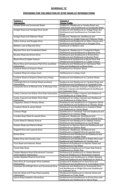 SCHEDULE “S” PROVIDING FOR THE ERECTION OF STOP SIGNS ...