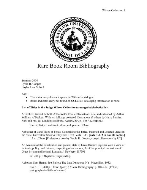 Rare Book Room Bibliography - Baylor University
